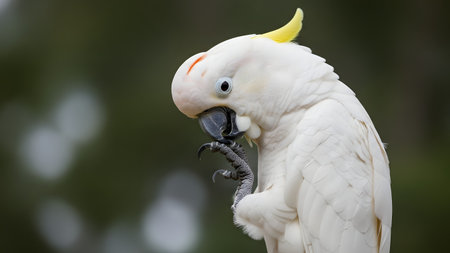 A close-up portrait of a white Sulphur-crested Cockatoo holding its foot up to its beak, appearing to preen or think. The bird's detailed feathers and expressive eye are set against a soft, blurred green background.の素材