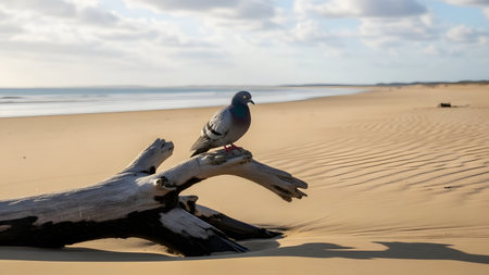 A grey pigeon perches on a weathered piece of driftwood lying on a sandy beach. The background features a blurred coastline and ocean under a bright, cloudy sky, creating a natural coastal scene.の素材