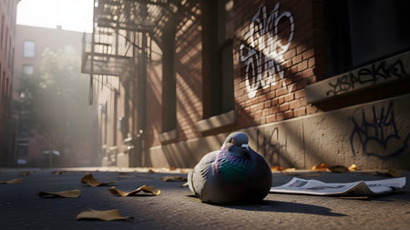 A pigeon sits resting on a city sidewalk bathed in warm afternoon sunlight, with a newspaper lying nearby. The urban setting features brick buildings and fire escapes, capturing a quiet moment in city life.の素材
