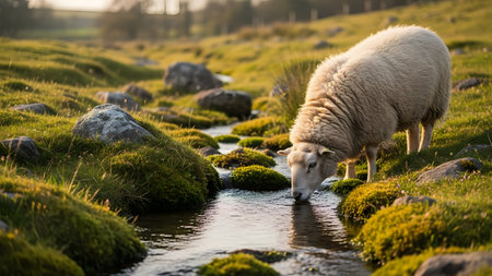 A sheep drinks fresh water from a small stream winding through a lush green, rocky landscape. Backlit by warm sunlight, the scene captures a peaceful moment of farm animal life in nature.の素材