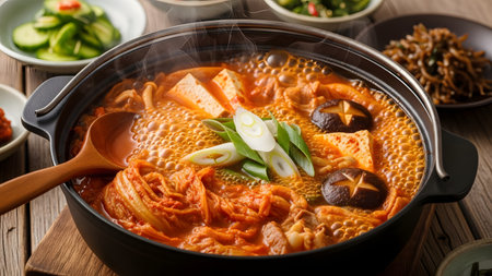 A steaming pot of spicy Korean Kimchi Jjigae stew, filled with tofu, mushrooms, scallions, and fermented kimchi. The bubbling red broth looks rich and flavorful, representing authentic Korean cuisine.の素材