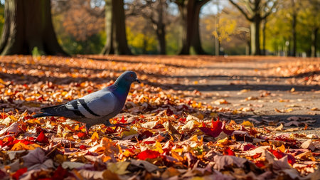 A grey pigeon walks amongst colorful fallen autumn leaves on a park path. The background features large trees and a soft, golden bokeh, capturing the essence of the fall season in an urban nature setting.の素材