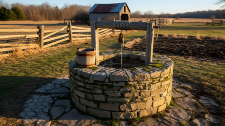 An old-fashioned stone water well with a wooden bucket and rope, situated in a grassy field. A rustic barn and wooden fence are visible in the background under the warm, golden light of sunset.の素材