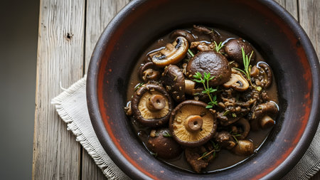 A close-up, overhead shot of a hearty mushroom stew served in a rustic clay bowl. Whole and sliced mushrooms are simmered in a rich, dark sauce, garnished with fresh rosemary and thyme.の素材
