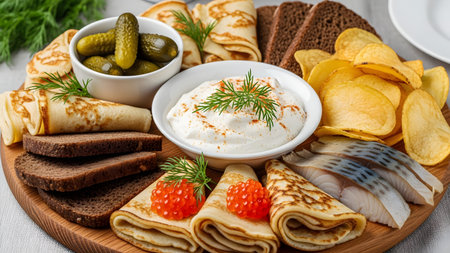 A wooden platter featuring Russian blini (pancakes) served with red caviar, pickled herring, potato chips, and a creamy dip. It is a festive appetizer spread with traditional ingredients.の素材