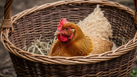 A close-up portrait of a brown hen resting comfortably inside a woven wicker basket lined with straw. The rustic setting evokes a sense of traditional farm life and organic agriculture.の素材