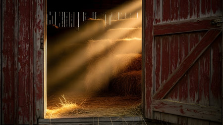 Sunlight streams through the gaps of an old wooden barn, illuminating stacked hay bales and dust motes in the air. The open red barn door frames the rustic interior, creating a warm and nostalgic atmosphere.の素材