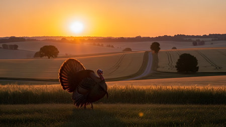 A wild turkey standing in a field with its tail feathers fanned out in a display. The sun sets in the background over rolling hills, casting a warm golden glow on the bird and landscape.の素材
