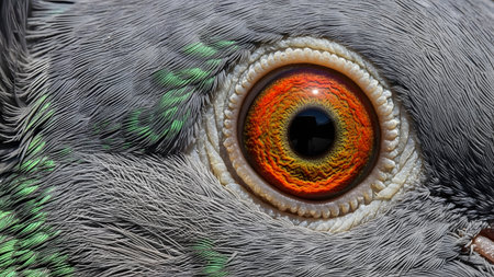 An extreme macro close-up of a pigeon's eye, revealing the intricate orange and black pattern of the iris. The surrounding grey feathers are detailed, showing the texture of the bird's plumage.の素材