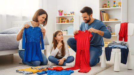 A happy couple sits on the floor of a bright room, sorting through colorful children's clothes with their young daughter. The family is smiling and engaged in the activity, creating a warm domestic atmosphere.の素材