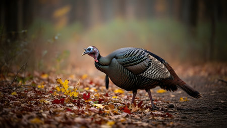 A wild turkey walking through a forest with the ground covered in colorful autumn leaves. The bird's iridescent feathers blend naturally with the woodland environment during the fall season.の素材