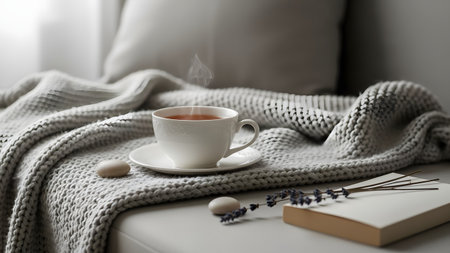 A white cup of hot tea with steam rising, resting on a grey knitted blanket next to a book and lavender sprigs. The soft, moody lighting creates a peaceful and cozy atmosphere perfect for reading.の素材