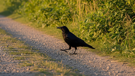 A black crow walking confidently along a gravel path, bathed in the warm light of the golden hour. The background features lush green grass and foliage, highlighting the bird's glossy feathers and stride.の素材