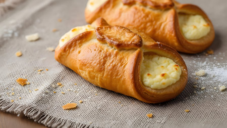 Freshly baked golden pastry buns filled with sweet cottage cheese or cream sit on a rustic linen napkin. The soft texture of the bread and the creamy filling make for a delicious homemade dessert or breakfast treat.の素材