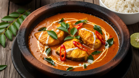 A clay pot filled with rich, spicy fish curry garnished with fresh curry leaves, coconut cream, and sliced red chilies. The vibrant red gravy indicates a flavorful and traditional Asian or Indian dish.の素材