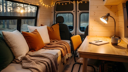The interior of a cozy camper van features a comfortable bed, a wooden desk, and warm lighting. Through the back windows, a forest scene at sunset invites adventure and relaxation in nature.の素材