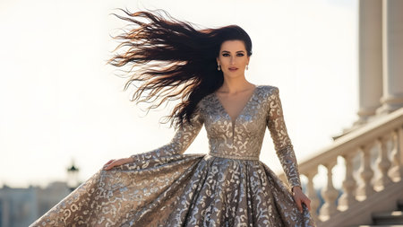 A stunning woman in an elegant gown poses with her long dark hair blowing dramatically in the wind. The fashion-forward portrait captures movement, beauty, and confidence.の素材