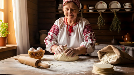 An elderly woman wearing traditional embroidered clothing kneads dough on a wooden table in a rustic kitchen. Sunlight streams through the window, illuminating the flour dust and creating a heartwarming scene of homemade baking.の素材