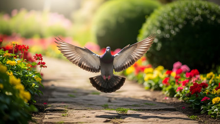 A pigeon flies directly toward the camera with wings fully spread, set against a beautiful bokeh background of a blooming garden. The dynamic shot captures the bird in mid-flight surrounded by colorful nature.の素材