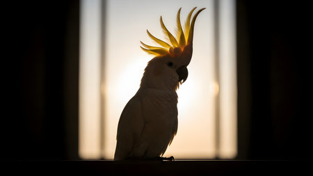 A sulphur-crested cockatoo is captured in silhouette against a bright light, highlighting its expressive yellow crest. The bird's profile is outlined beautifully, creating a dramatic and artistic portrait.の素材