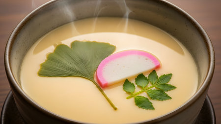 A bowl of smooth Japanese steamed egg custard, known as Chawanmushi, is garnished with a pink fish cake, a green leaf, and a ginkgo leaf. Steam rises gently from the hot, savory dish.の素材