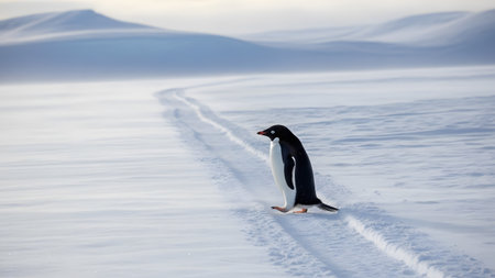 A solitary Adelie penguin walks across a pristine expanse of snow and ice in Antarctica. The vast white landscape and soft lighting emphasize the isolation and beauty of the polar environment.の素材