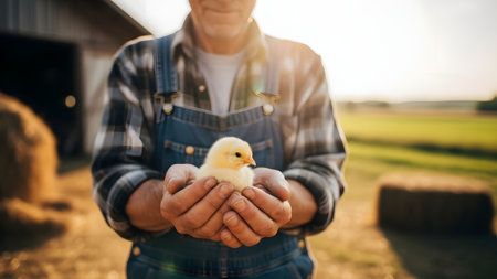 A farmer in overalls gently holds a small yellow chick in his cupped hands. The sunset backlighting highlights the care and connection between the worker and the livestock in a rural farm setting.の素材