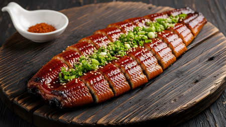 A succulent fillet of grilled eel (unagi) glazed with savory sauce and topped with chopped scallions and sesame seeds. The dish is presented on a rustic wooden board, ready to be served.の素材