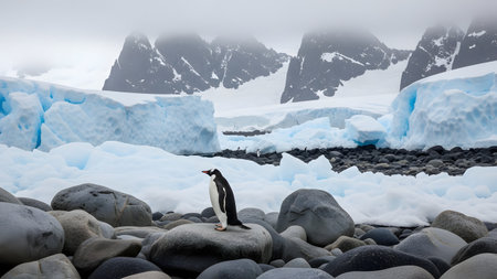 A lone Gentoo penguin standing on smooth rocks with a backdrop of massive blue glaciers and snow-capped mountains in Antarctica. The cloudy sky and icy landscape highlight the remote and rugged habitat of the wildlife.の素材