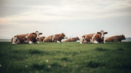 A herd of brown and white cows rests peacefully on the green grass of a vast pasture. The overcast sky and open field create a calm and rural agricultural scene typical of a dairy farm.の素材