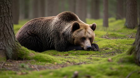 A large brown bear sleeps peacefully on the mossy floor of a green forest. The wild animal looks relaxed in its natural woodland habitat, surrounded by trees and soft ground cover.の素材