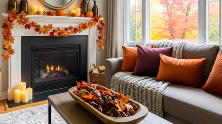 A warm and festive living room decorated for autumn with orange pillows, knit blankets, and a fireplace mantel adorned with fall leaves and pumpkins. The scene evokes the cozy feeling of Thanksgiving or the harvest season.の素材