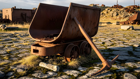 An abandoned, rusty mining cart and an old pickaxe rest on cobblestones in a desolate landscape. The vintage industrial equipment evokes the history of coal or gold mining and physical labor.の素材