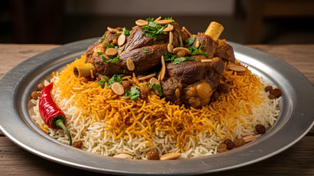 A large metal platter serving traditional lamb shank Mandi or Biryani rice, garnished with raisins and almonds. The spiced rice and tender meat are presented in a style typical of Middle Eastern or Indian cuisine.の素材