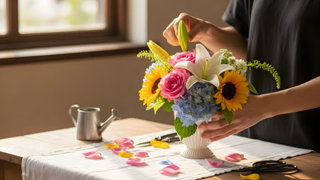 Close-up of female hands arranging a vibrant bouquet of lilies, roses, and sunflowers in a white vase. The scene takes place on a wooden table near a window, depicting a creative and relaxing floral hobby.の素材