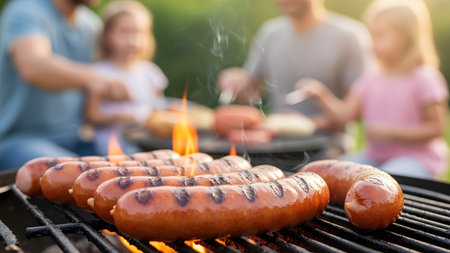 Close-up of juicy sausages cooking on a hot grill with flames visible, while a family enjoys a picnic in the blurred background. The image captures the joy of summer outdoor dining and social gatherings.の素材