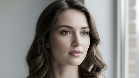 A close-up portrait of a young woman looking thoughtfully out a window. The soft, natural light illuminates her face and brown hair, highlighting her calm and serene expression in an indoor setting.の素材