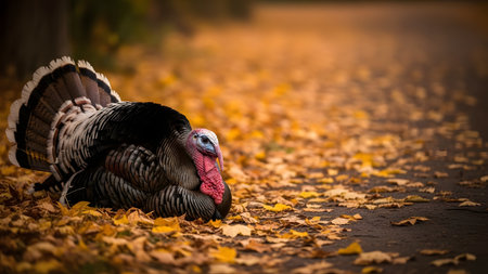A majestic wild turkey sitting on a forest path covered in golden autumn leaves, displaying its impressive iridescent feathers. The bird's detailed plumage and the soft, blurred fall background create a natural wildlife portrait.の素材