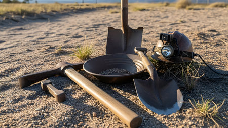A collection of gold mining tools, including a rusty shovel, pickaxe, gold pan with gravel, and a miner's helmet with a headlamp, resting on dry, rocky ground. The scene evokes the spirit of prospecting and treasure hunting.の素材