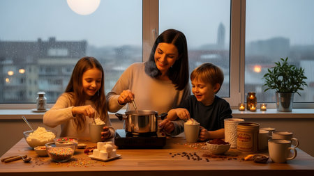 A smiling mother helps her young daughter and son prepare hot chocolate with marshmallows in a cozy kitchen on a rainy evening. The family bonds over the cooking activity while rain streaks the large window behind them.の素材