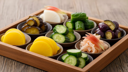 A variety of traditional Japanese pickles (tsukemono) neatly arranged in small ceramic bowls on a wooden tray. The selection includes pickled cucumber, daikon radish, eggplant, and ginger, showcasing the colors and textures of Asian side dishes.の素材
