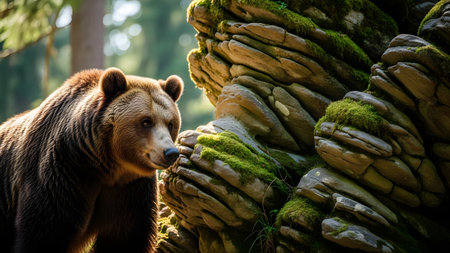 A large brown bear stands in profile next to a moss-covered rock formation in a dense forest. The bear's thick fur and focused expression are captured in detail against the blurred green background of the woodland.の素材