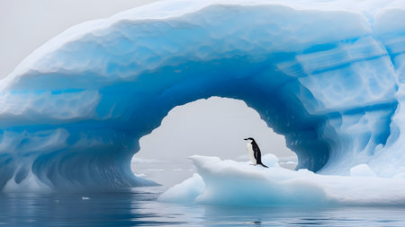 A Chinstrap penguin standing on a floating piece of ice in front of a stunning blue iceberg arch in Antarctica. The majestic ice formation frames the small bird, emphasizing the vast and frozen polar landscape.の素材