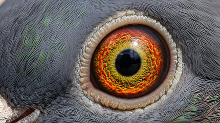 An extreme macro close-up of a pigeon's eye, revealing the intricate details of the orange iris and black pupil. The surrounding grey and iridescent neck feathers create a textured and abstract natural background.の素材