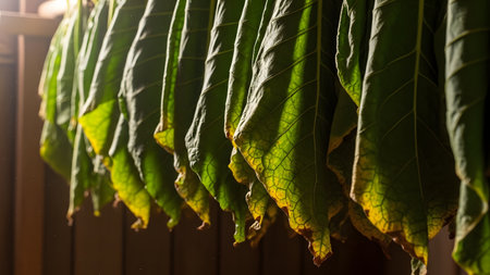 Rows of large tobacco leaves hanging to dry in a curing barn, illuminated by soft backlighting. The leaves are transitioning from green to yellow and brown, showcasing the traditional curing process.の素材