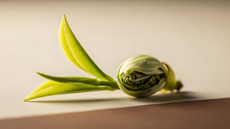 A high-quality macro shot of a fresh green tea bud and leaves resting on a neutral background. The detailed texture of the young leaves highlights freshness, organic growth, and natural ingredients.の素材