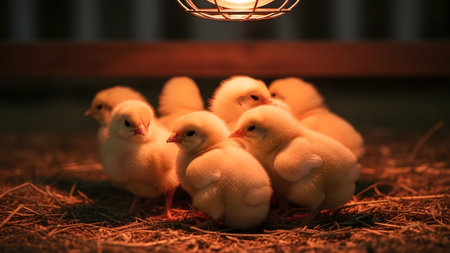 A group of adorable yellow baby chicks huddled together under a warm heat lamp. The cozy and cute scene captures the fragility and warmth of young poultry in a brooder environment.の素材