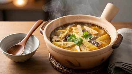A steaming clay pot filled with a savory soup containing bamboo shoots, mushrooms, and herbs. The traditional Asian dish is served on a wooden table with a spoon and napkin, highlighting its warmth and rich flavor.の素材