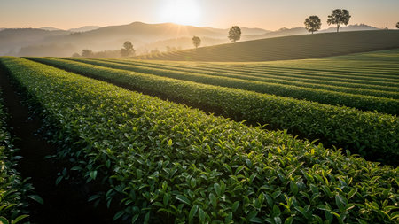 A breathtaking landscape of a tea plantation at sunrise with sunlight streaming over misty rolling hills. The neat rows of green tea bushes stretch into the distance, framed by trees and a golden morning sky.の素材