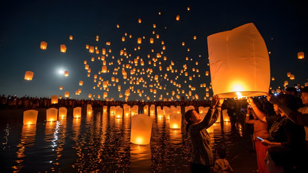 Thousands of glowing paper lanterns float into the night sky during the Yi Peng festival, reflected in the water below. The mesmerizing scene captures the magic and spiritual significance of this Thai tradition.の素材